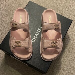 CHANEL Light Pink Quilted Sandals